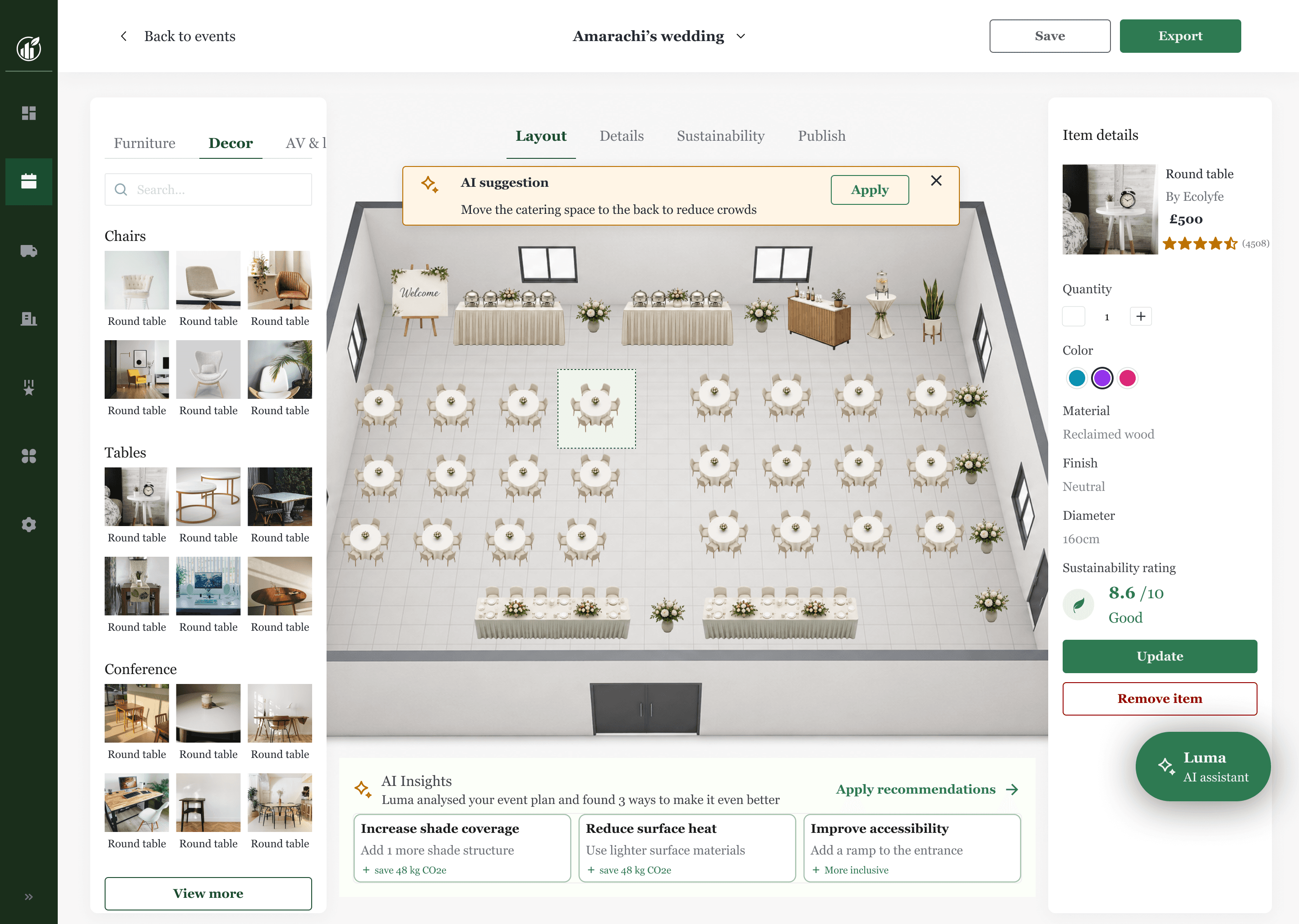 EcoSpaces event planner AI layout tool